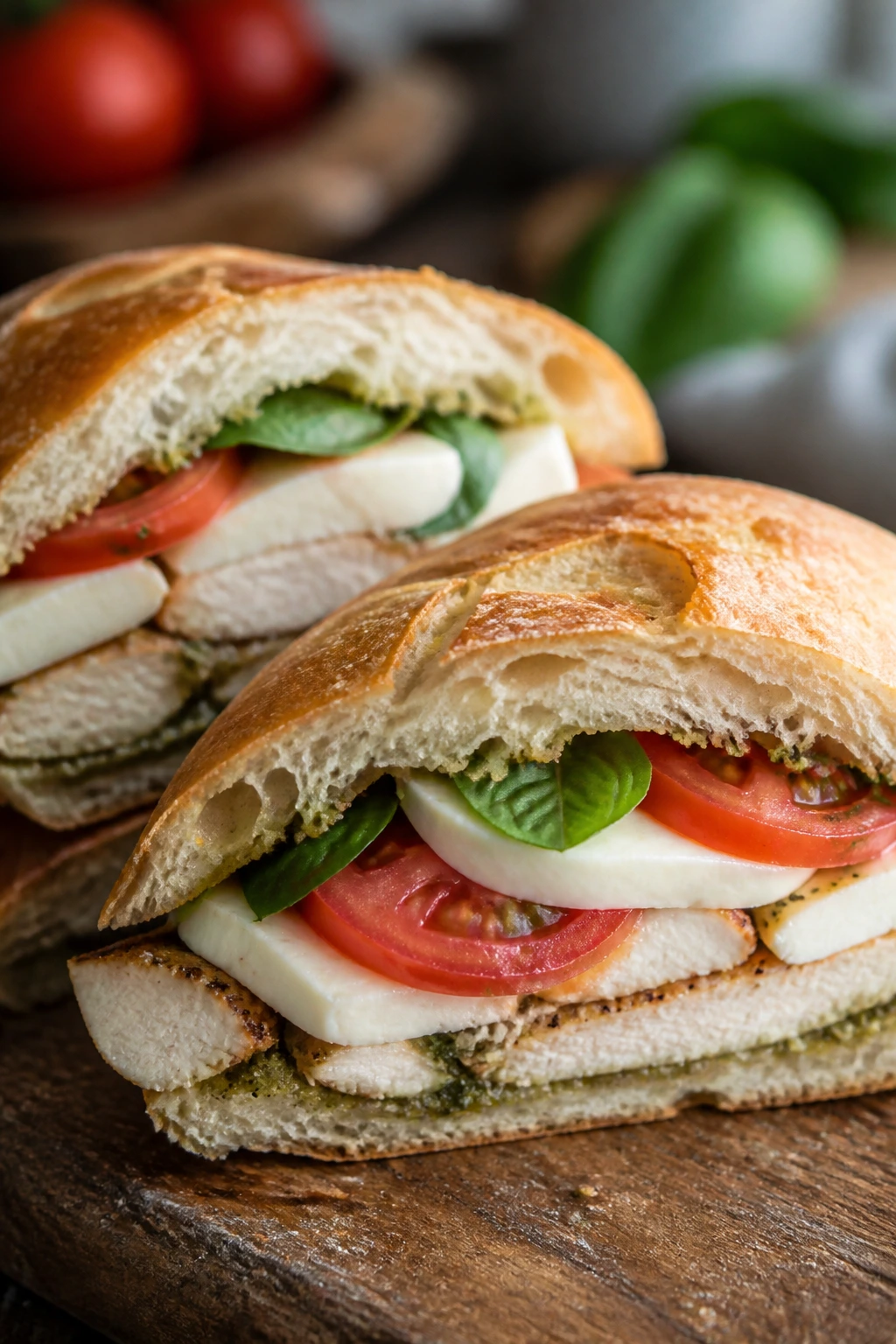 Close-up of Caprese chicken sandwich showing chicken, mozzarella, tomato, and basil layers