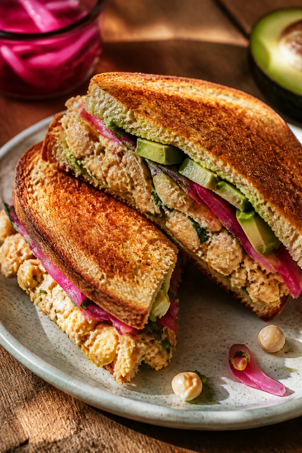 Close-up of a fully assembled vegan chickpea sandwich showing layers