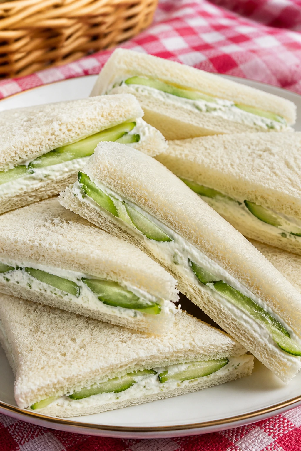 Cucumber cream cheese tea sandwiches on a plate