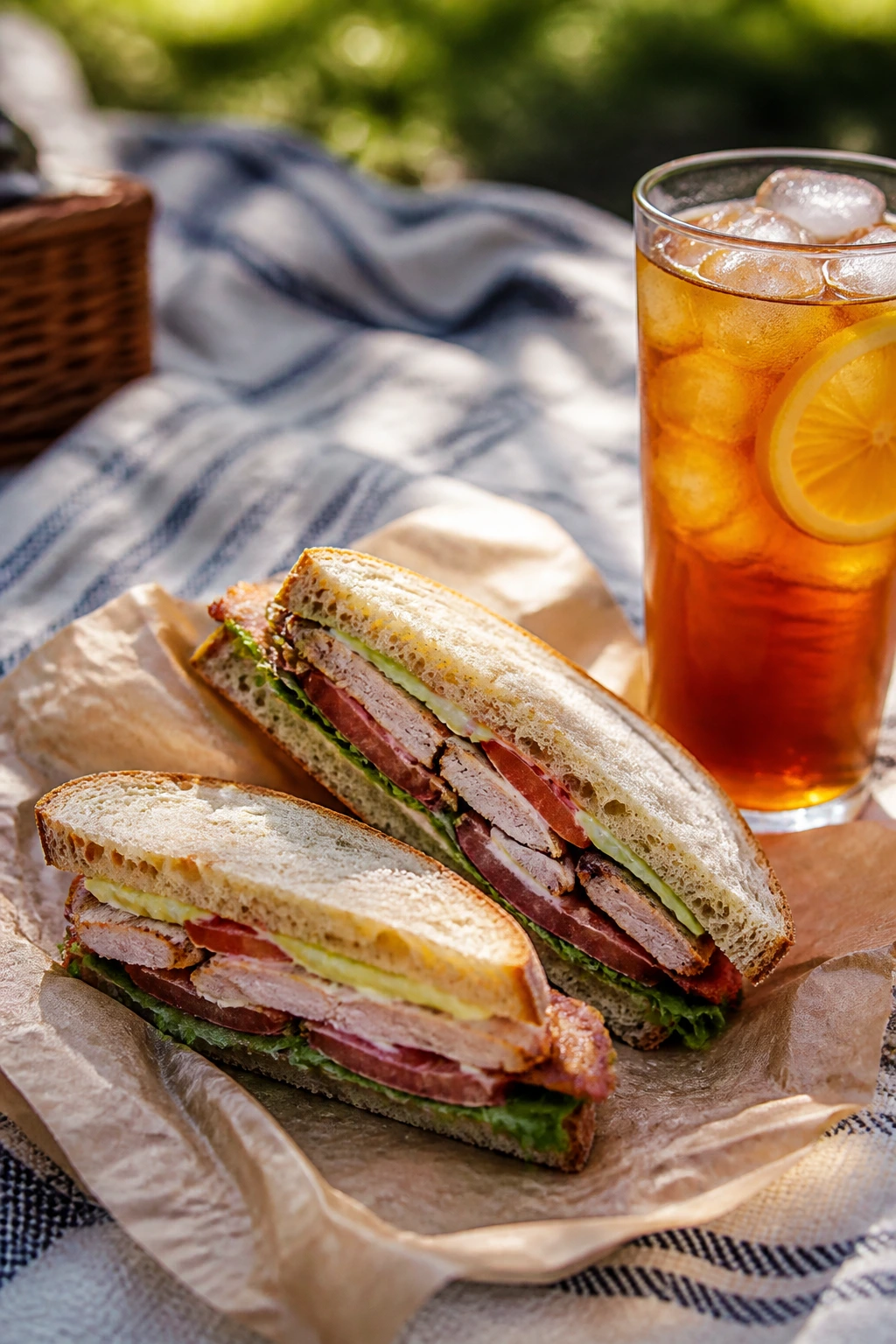 Sandwich halves with glass of iced tea on a picnic blanket