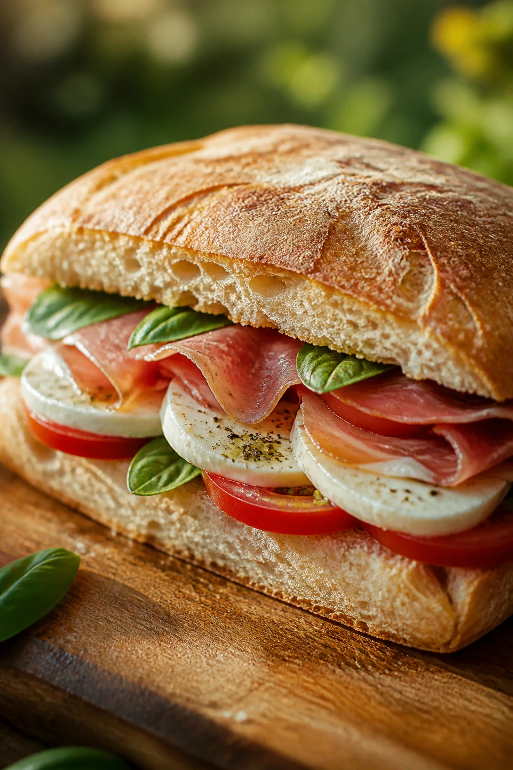 Close-up of mozzarella prosciutto tomato sandwich on rustic cutting board outdoors