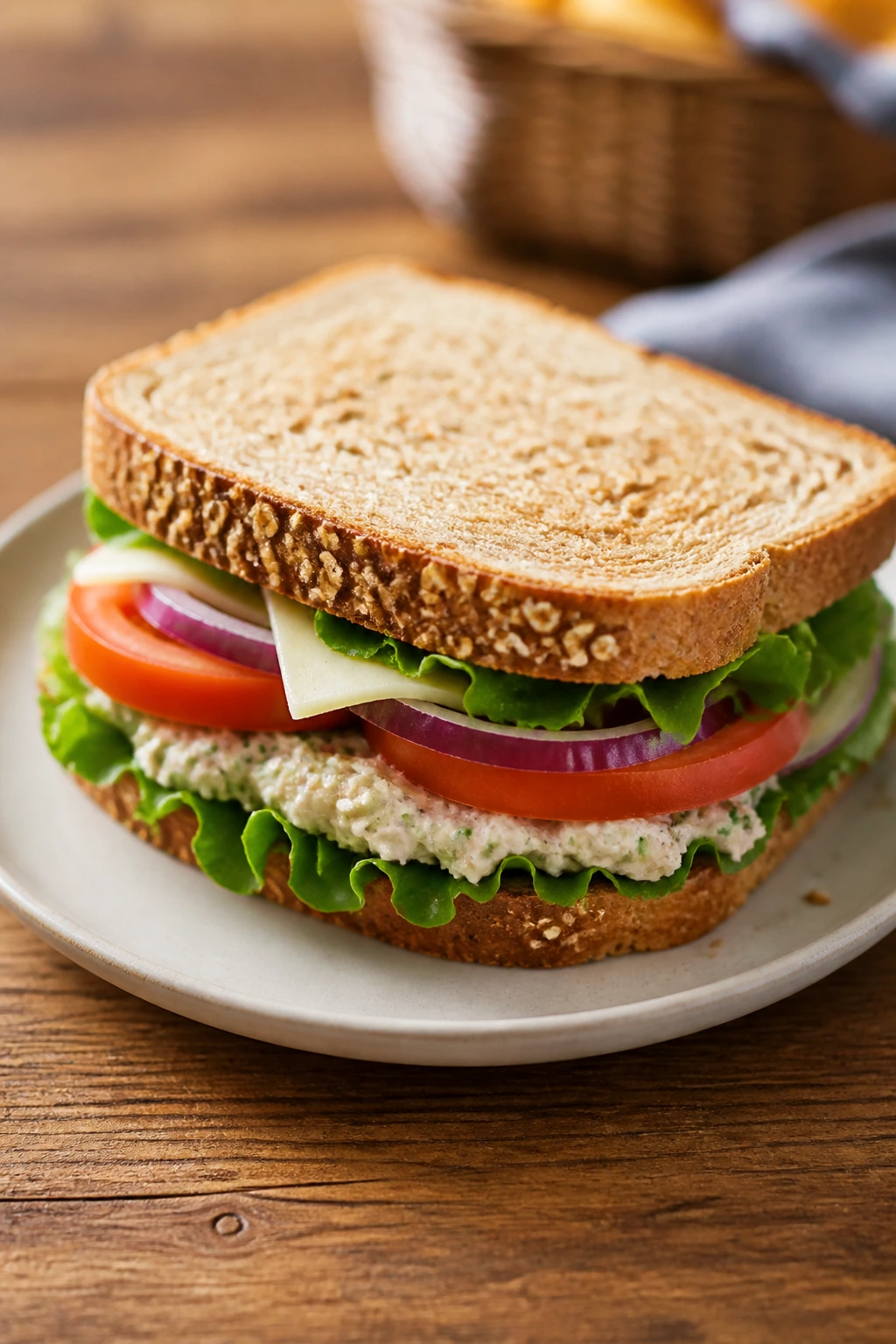 Close-up sandwich on plate with visible fillings.