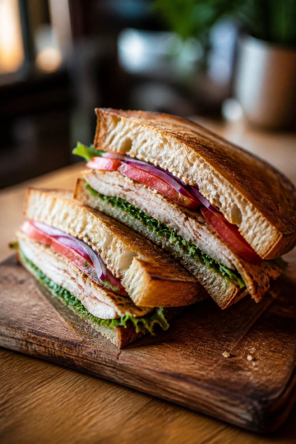 Diagonally sliced sandwich with visible fillings on a cutting board