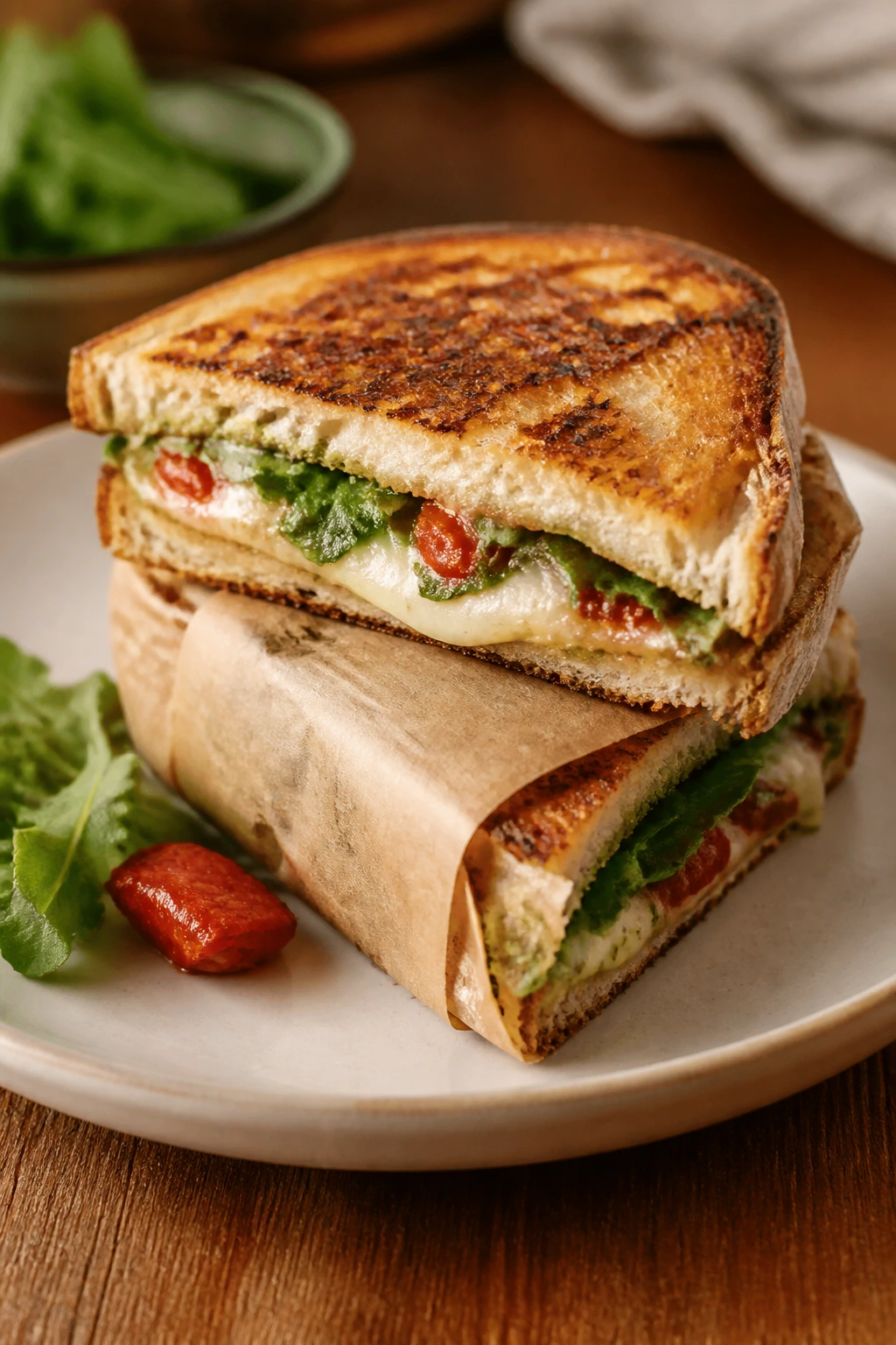Grilled sandwich cut diagonally on a plate ready for serving
