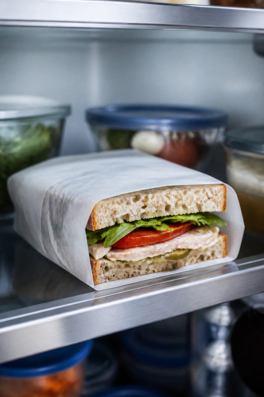 Wrapped sandwich on a fridge shelf under cool blue light
