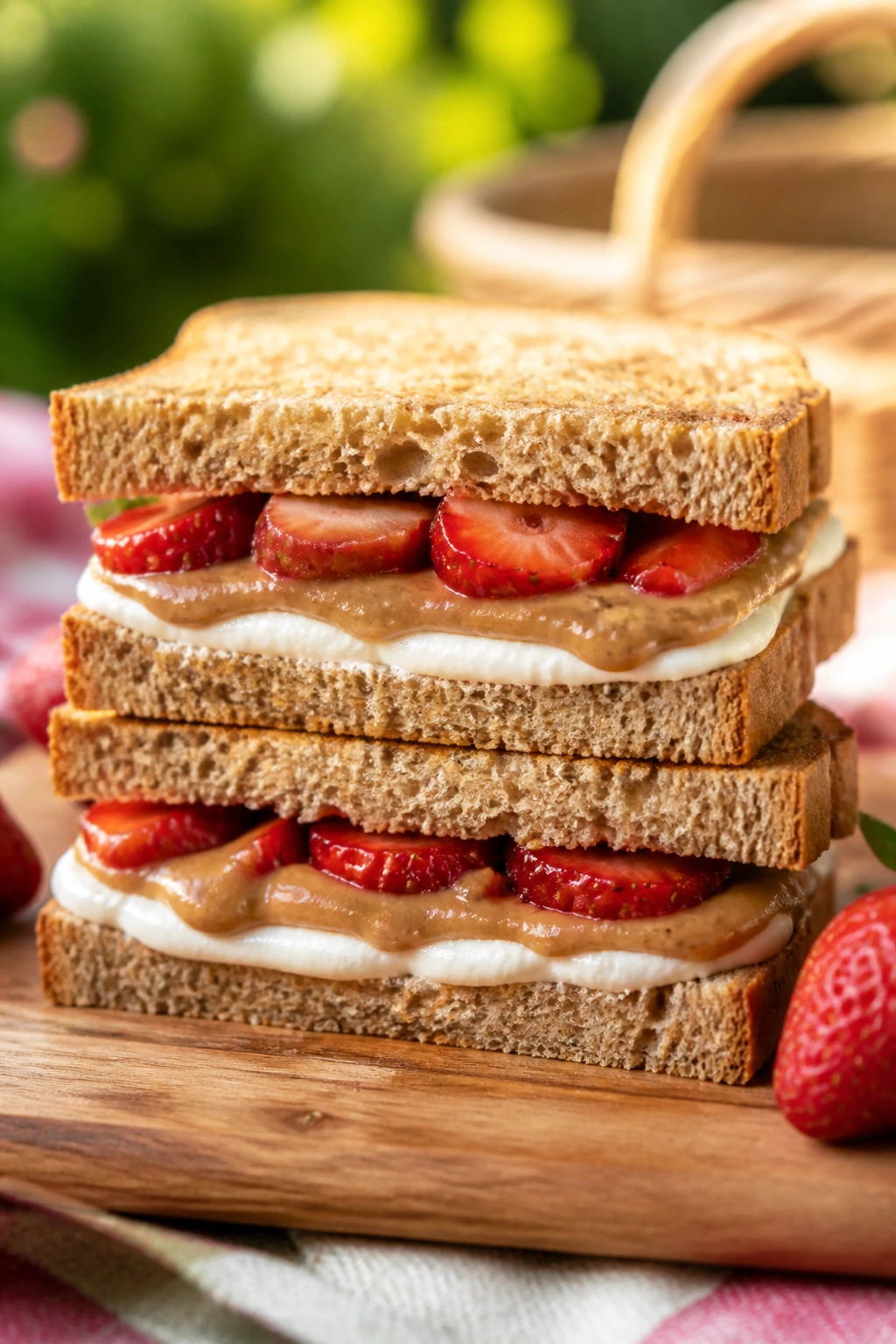 Close-up strawberry cream cheese almond butter sandwich on cutting board
