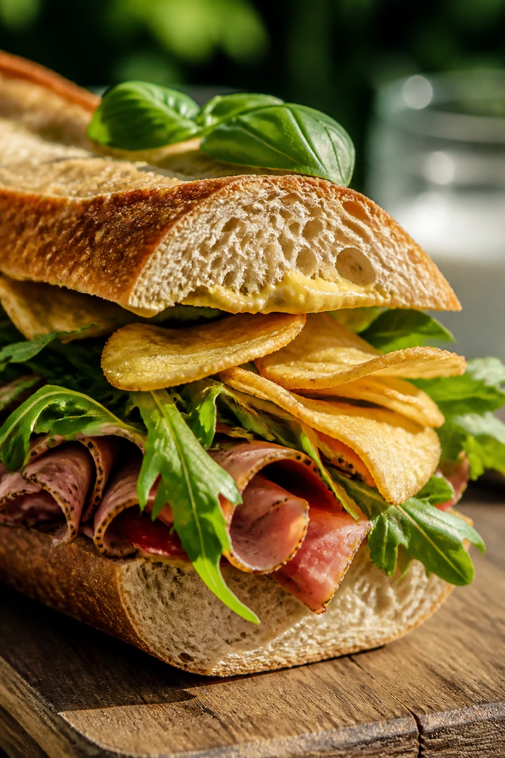Close-up of a sandwich with Dijon smear and kettle chips on a wooden picnic table