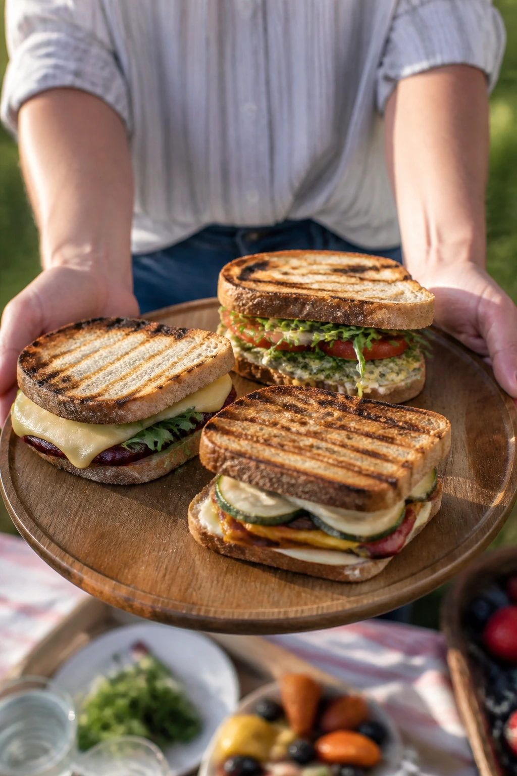 Plate with three variations of grilled sandwiches on a picnic table