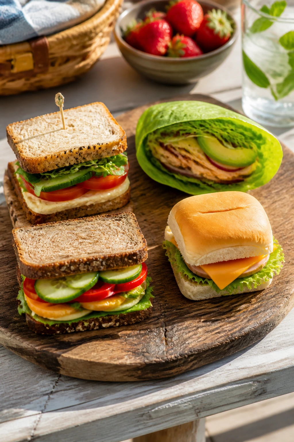 Row of four mini sandwiches showing variations for picnic