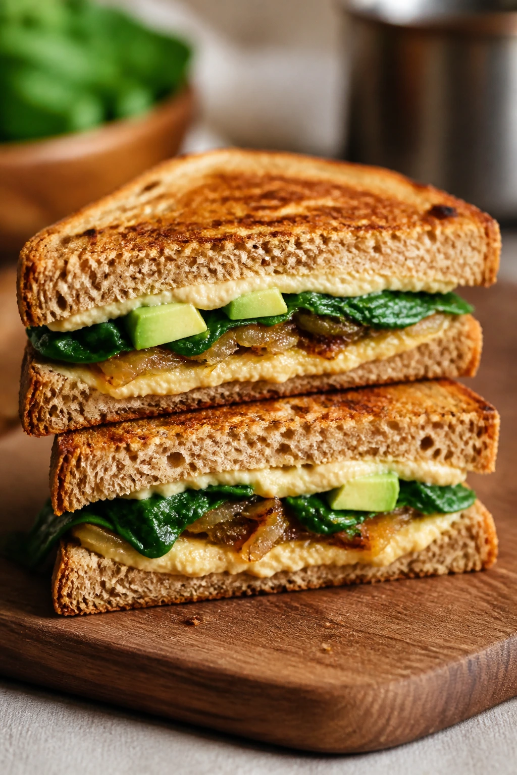 Finished crisp vegetarian sandwich with spinach, hummus, avocado layers.