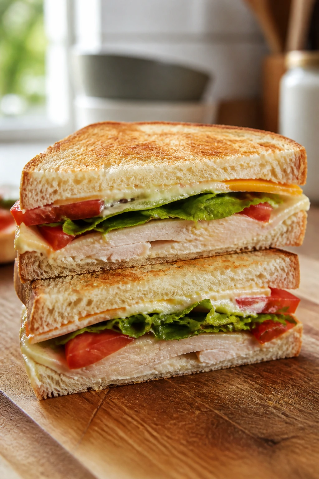 Close-up of a sturdy layered sandwich on a wooden counter