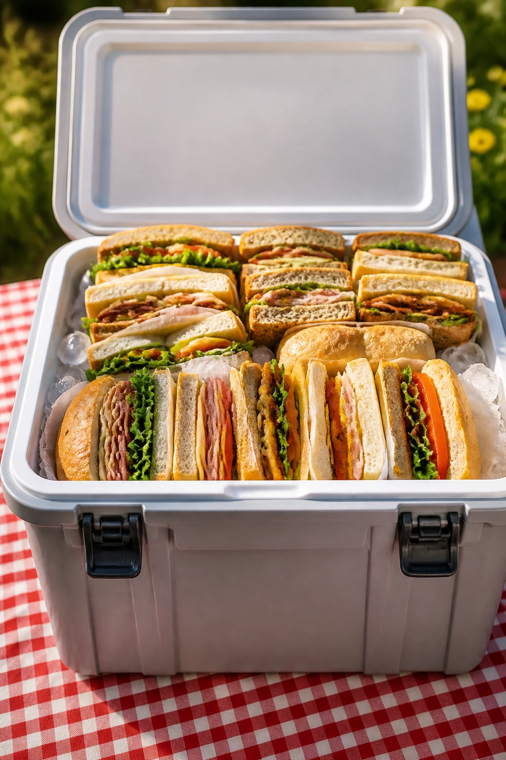 Open cooler filled with assorted sandwiches on a sunny picnic table
