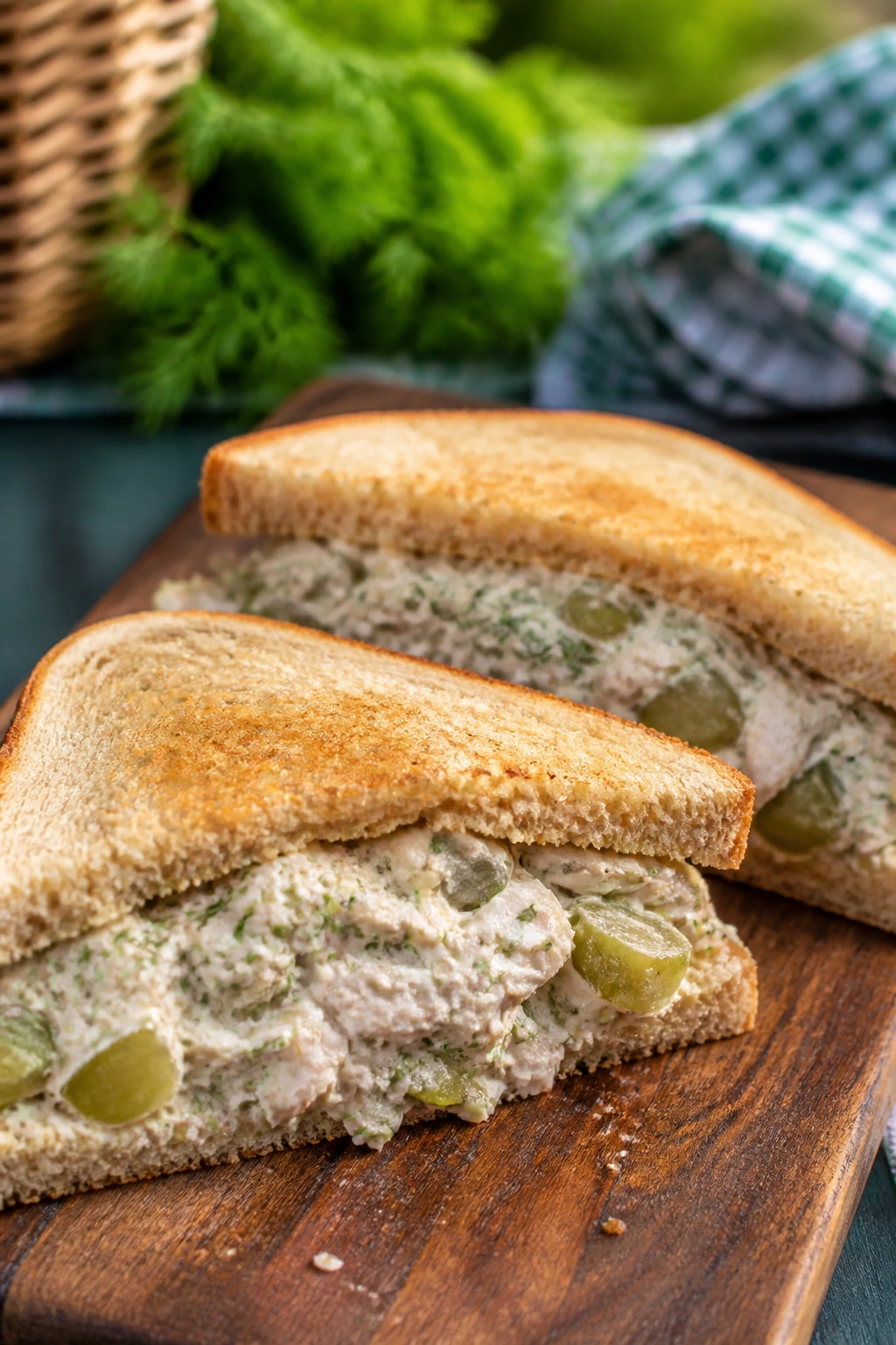 Close-up of dill pickle chicken salad sandwiches on a picnic board