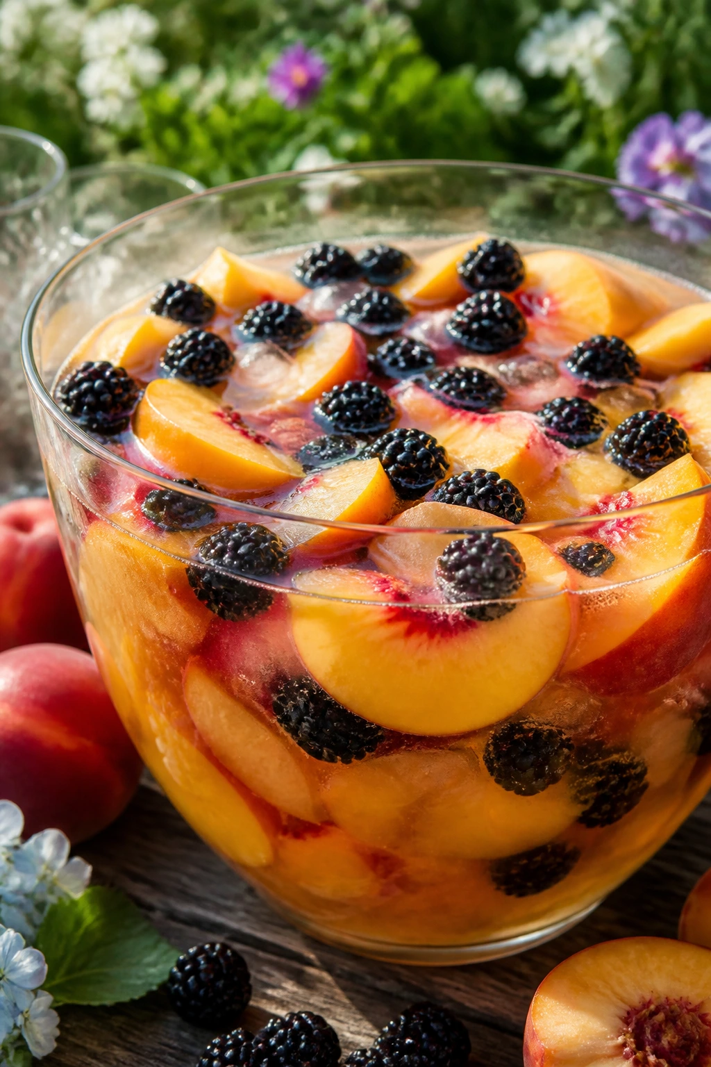 Punch bowl with blackberries and peaches on a sunlit garden table