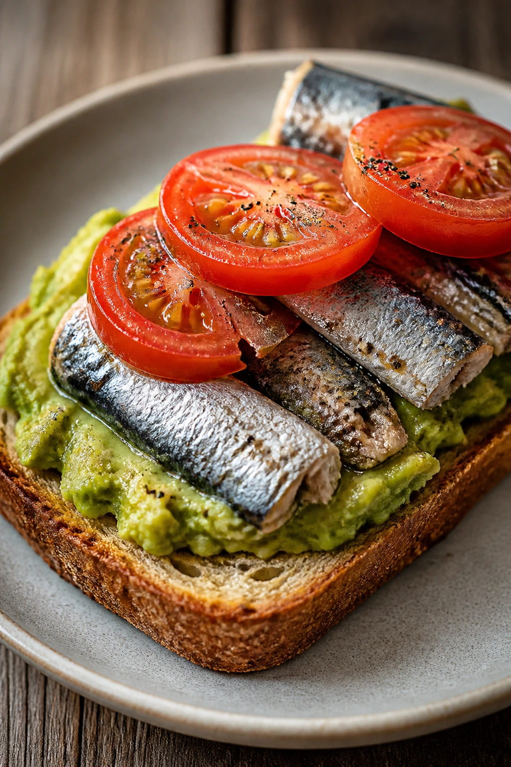 Open-faced toast with sardines, avocado and tomato