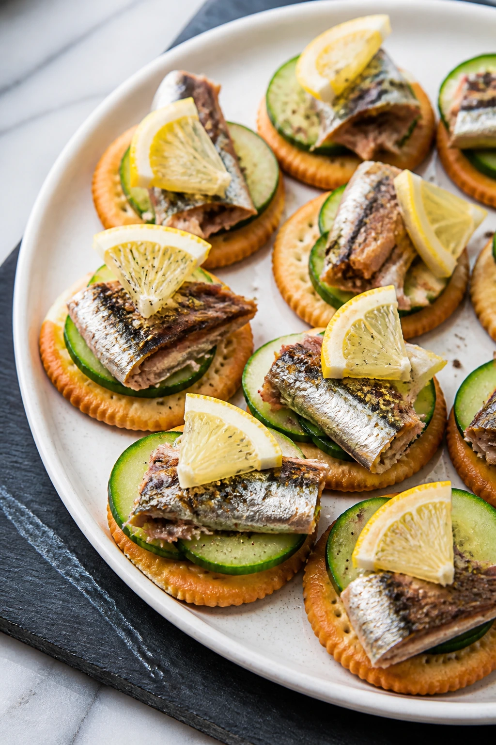 Crackers with sardines cucumber and lemon
