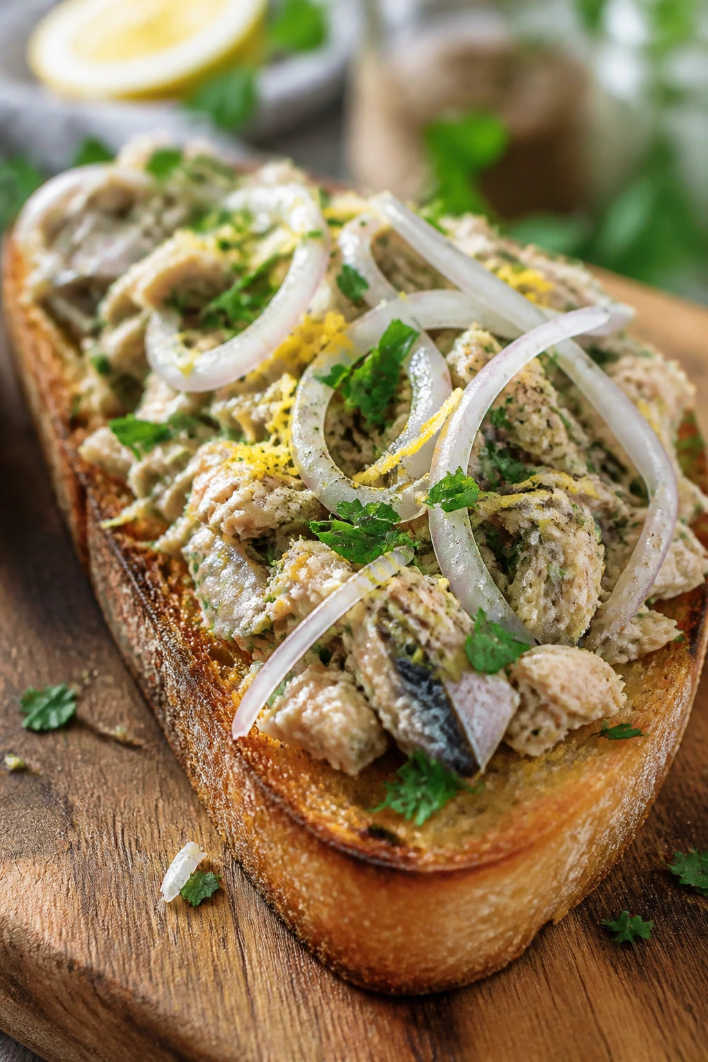 Toast with sardine mash, lemon, parsley and onion
