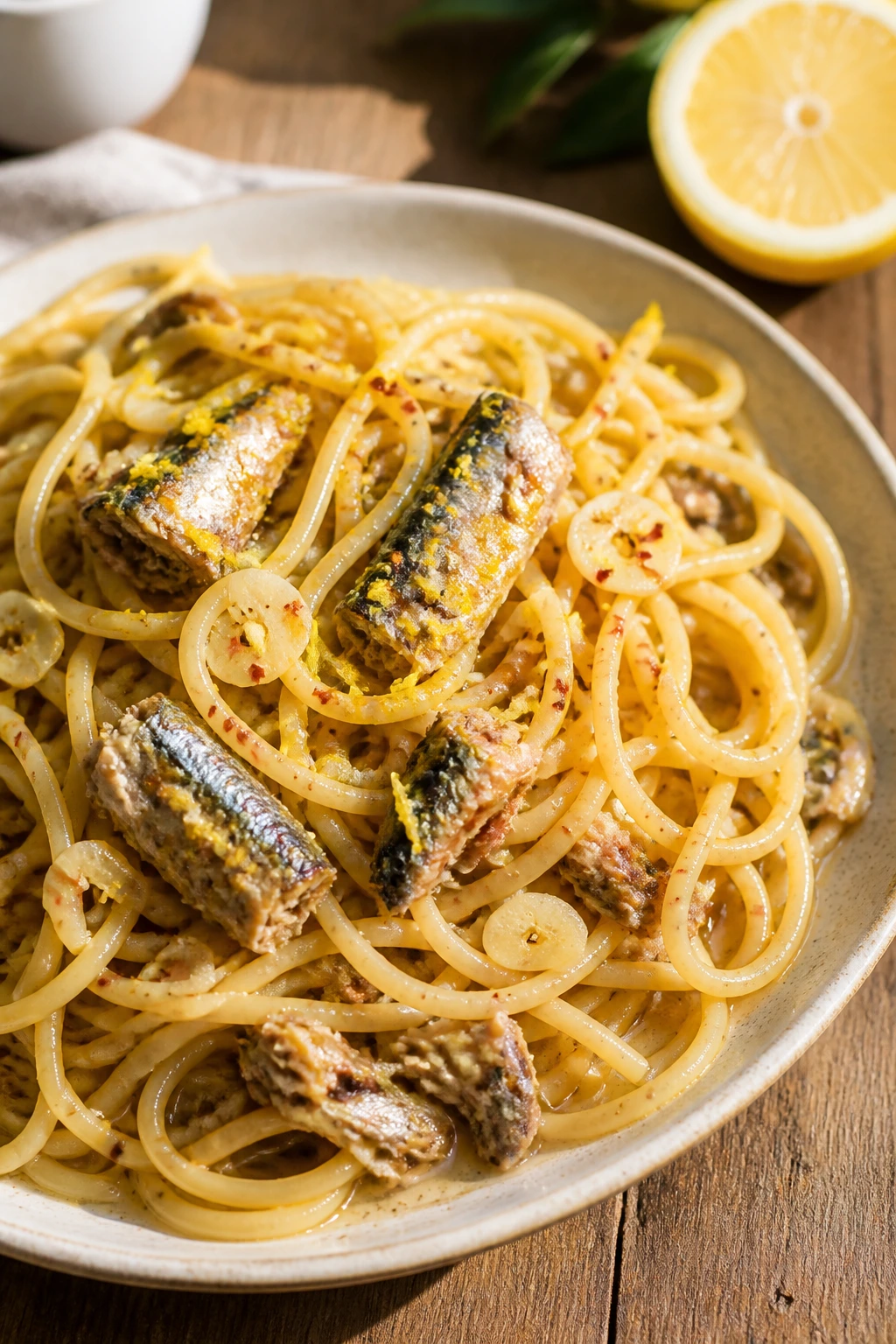 Close-up of sardine pasta with lemon on a rustic plate