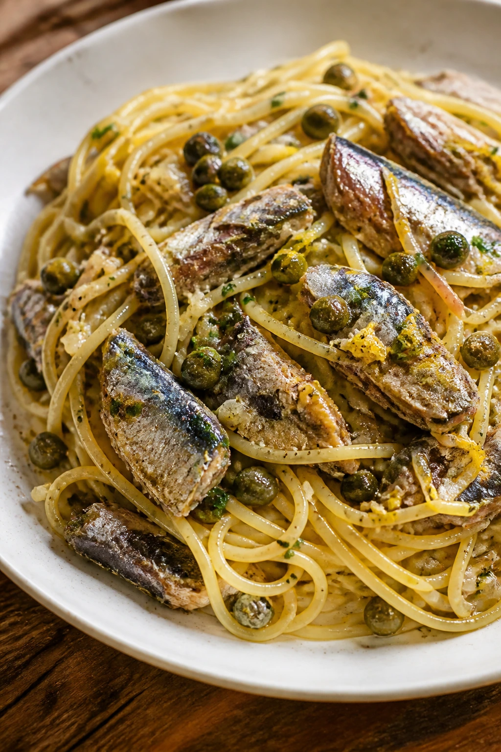Close-up of sardine pasta with capers on a plate