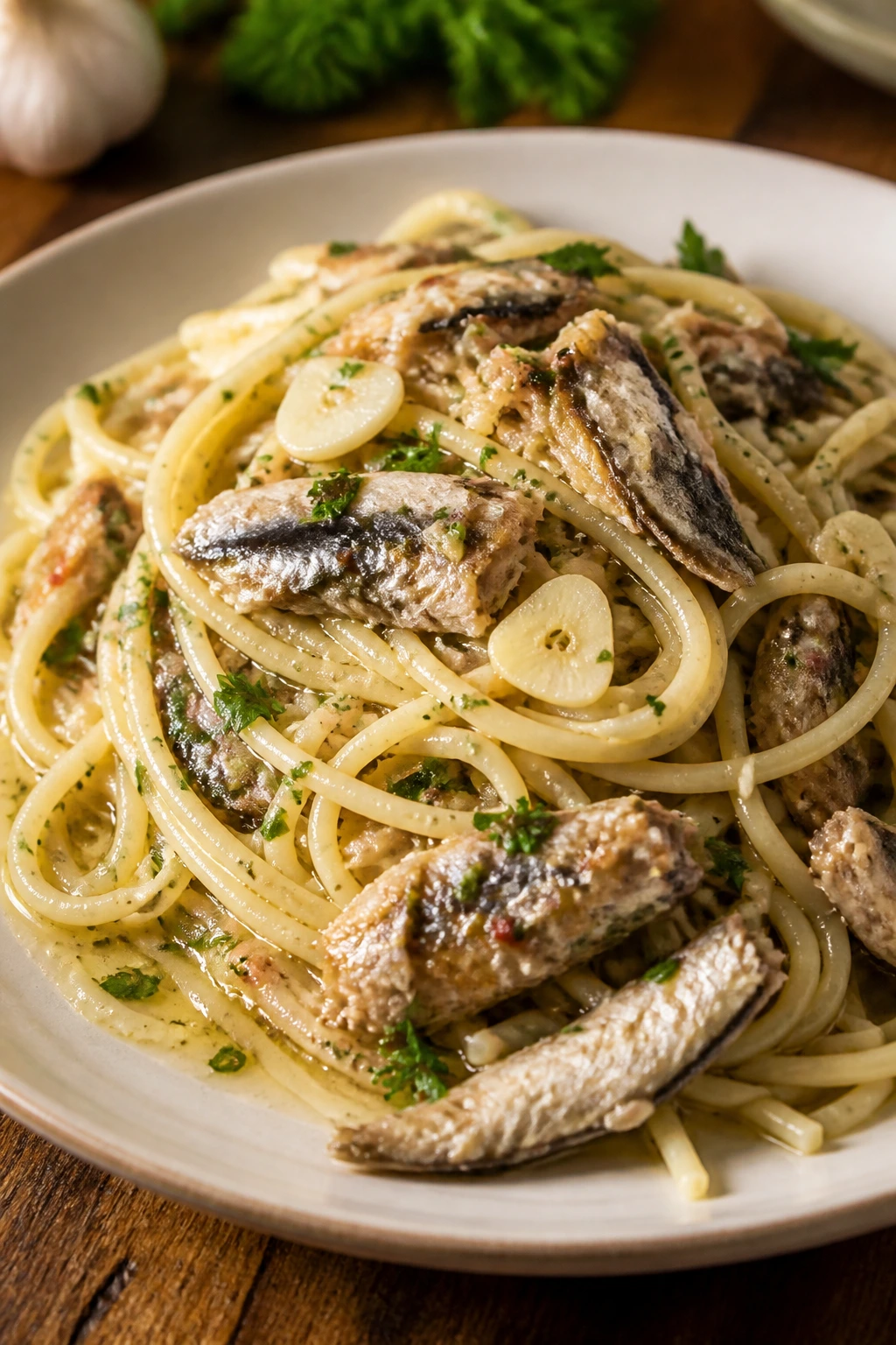 Plate of sardine pasta with garlic and parsley in warm kitchen light