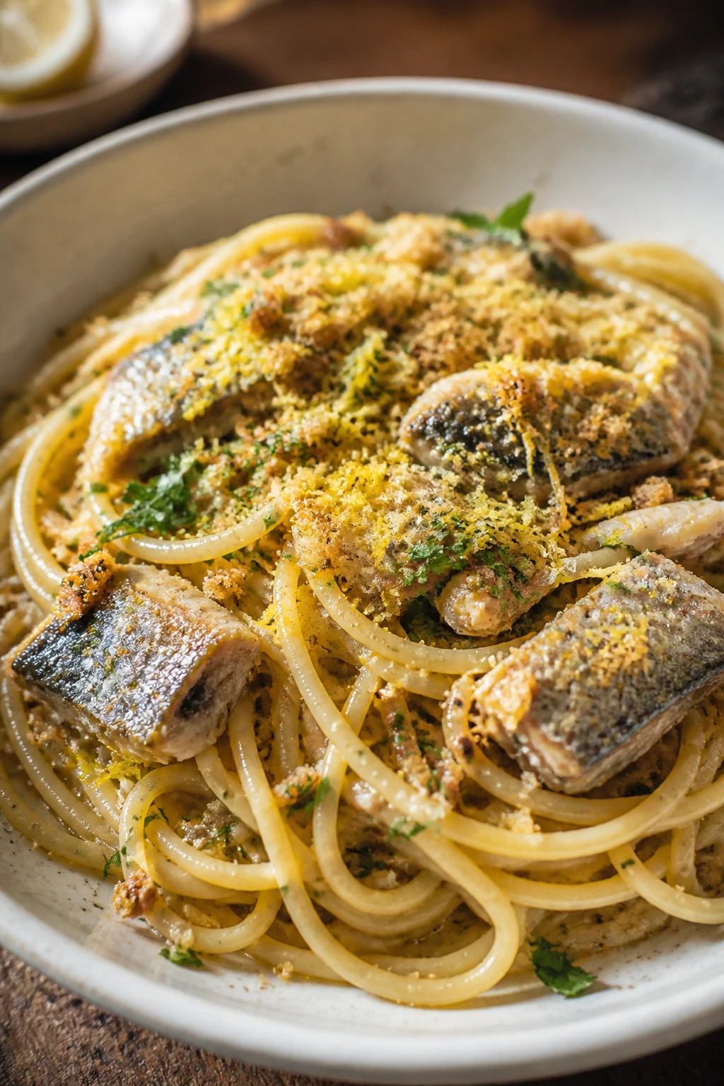 Close-up of sardine pasta with lemon on a rustic wooden table