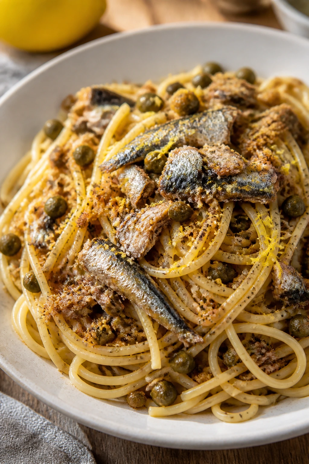 Sardine pasta with lemon capers on plate