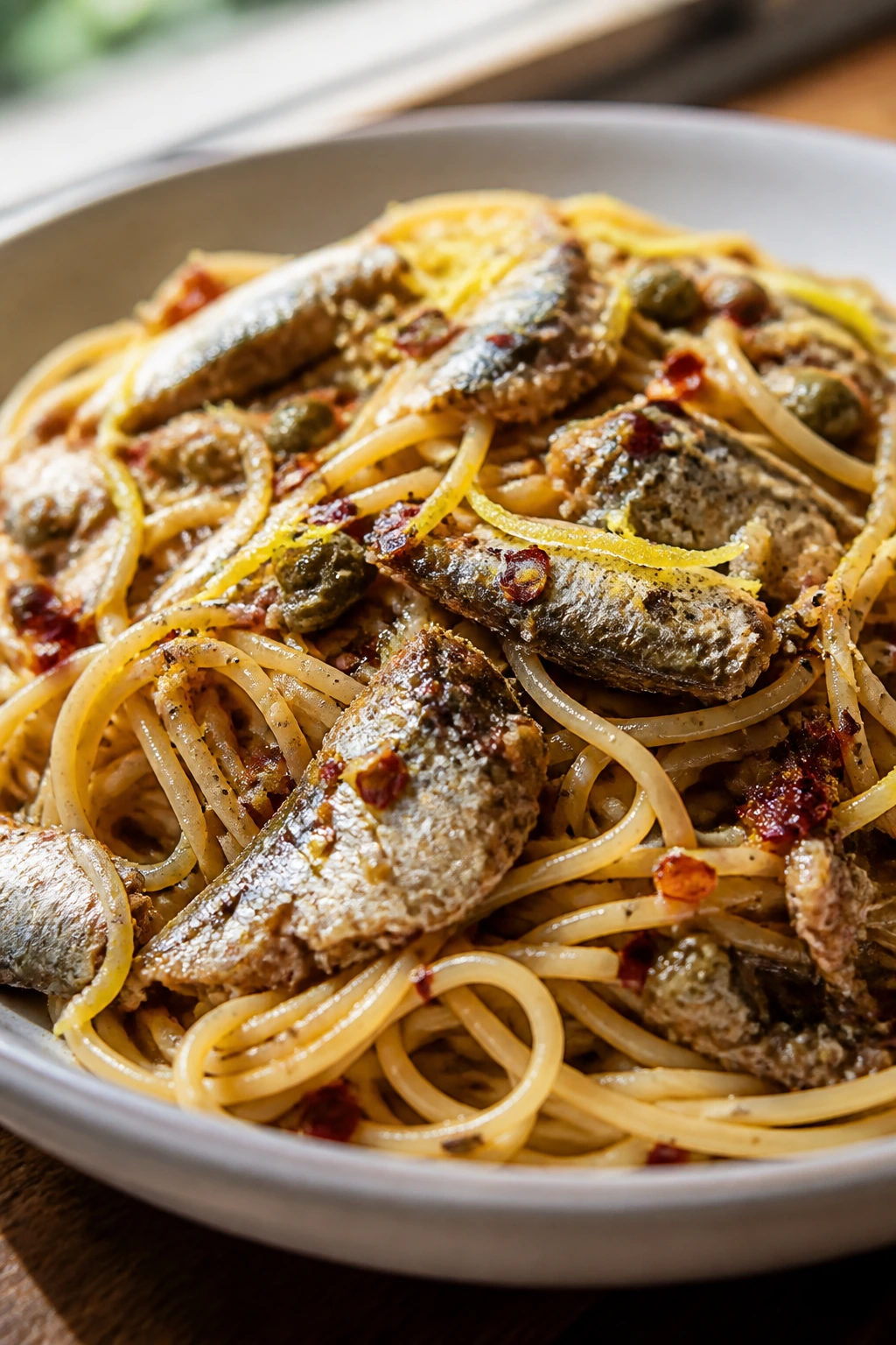 Pasta with sardines, lemon zest, and chili flakes on a plate in a bright kitchen
