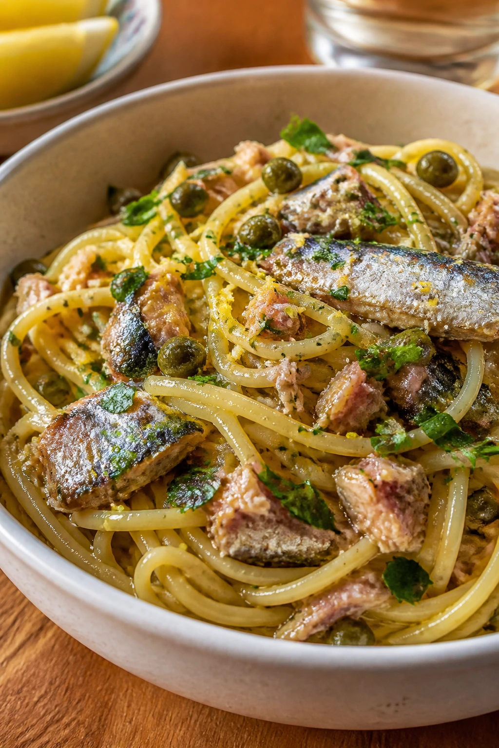Close-up of sardine lemon pasta in a glossy bowl on a rustic wooden table.
