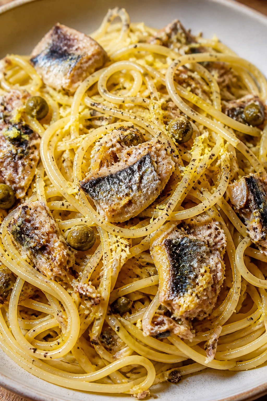 Close-up of sardine lemon pepper pasta with sardine and lemon zest.