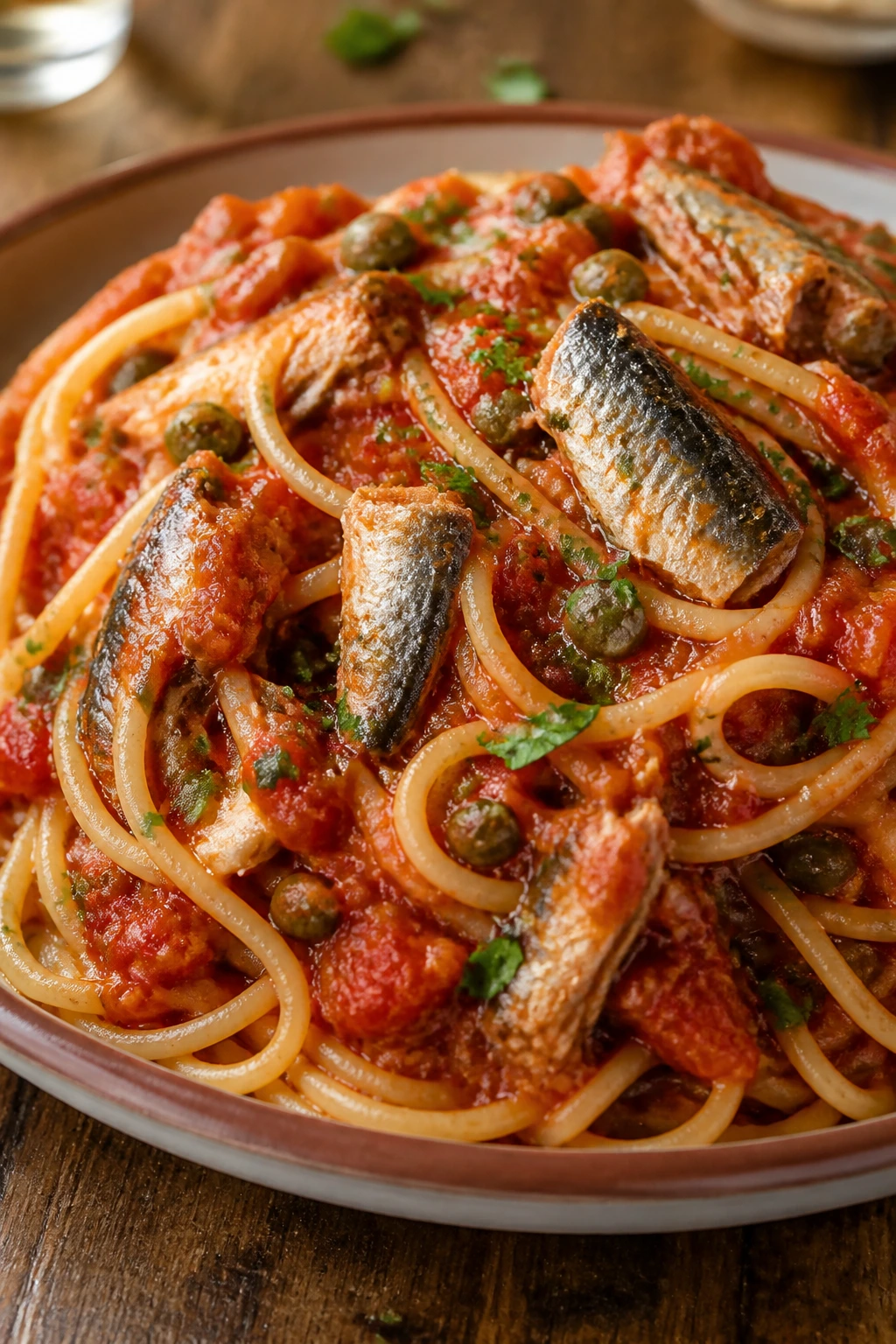 Plate of sardine tomato pasta with sardines in tomato sauce