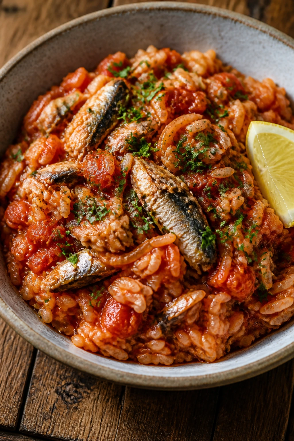 Close-up of sardine and tomato rice in rustic bowl