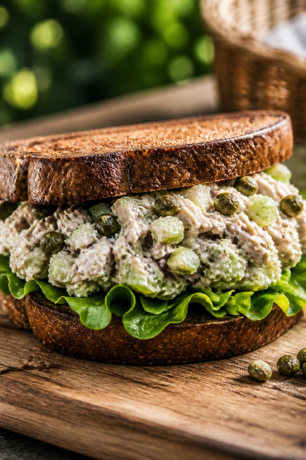 Close-up of Sardine Salad Sandwich on rye bread outdoors