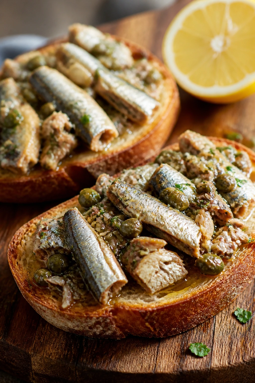 Close-up of sardine toasts with lemon on a wooden board.