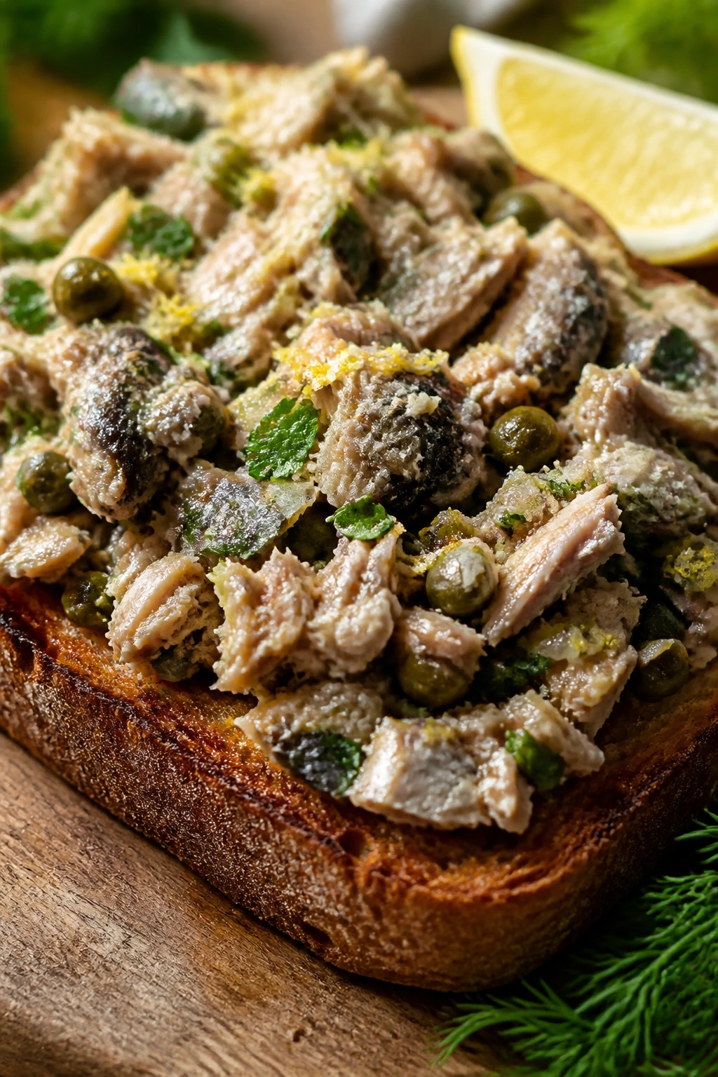 Close-up of sardine salad on toast with lemon and capers