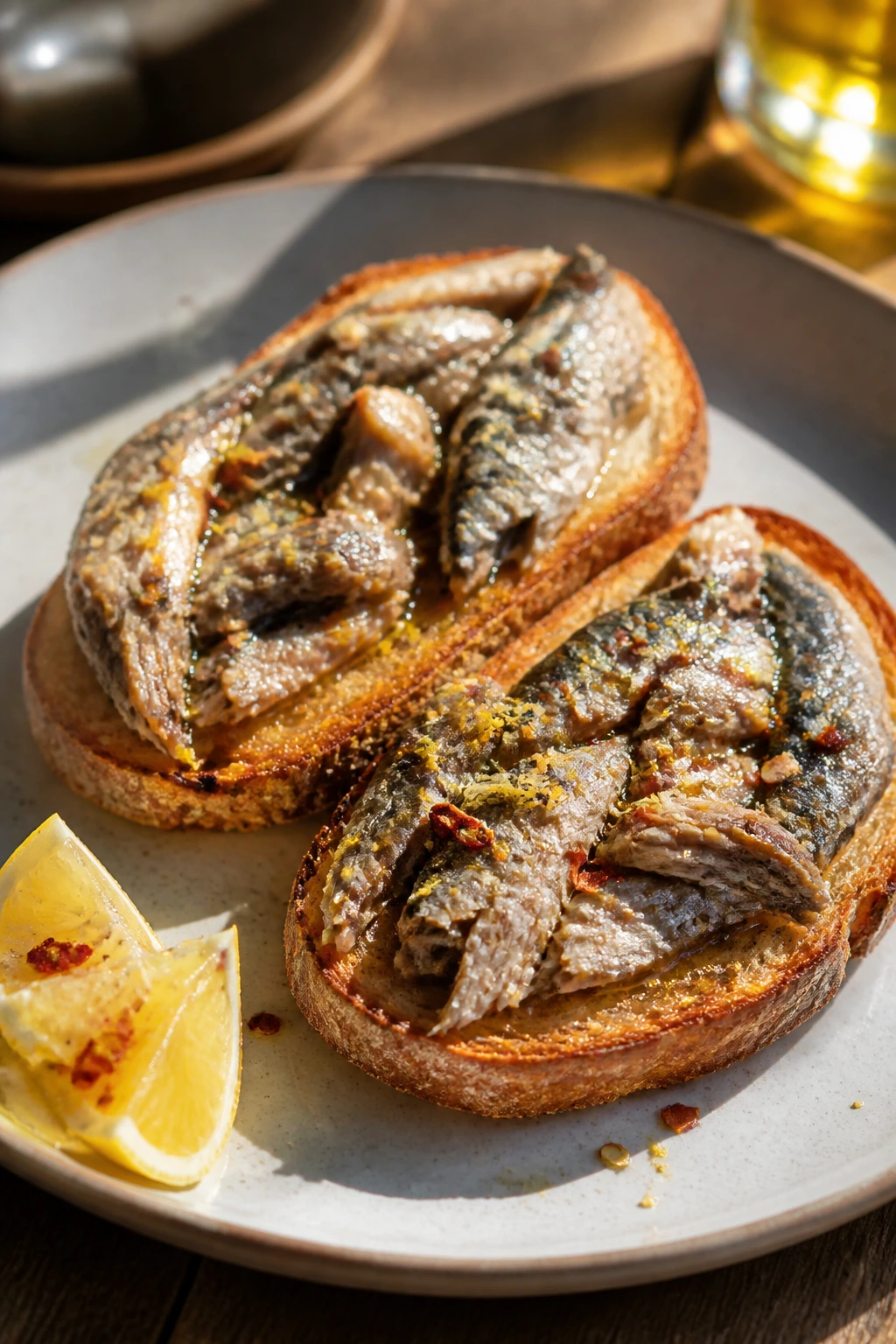 Sardine toast topped with lemon and chili on a plate