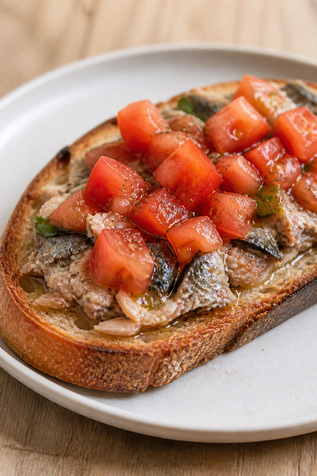Open-faced sardine toast with tomato salad on plate