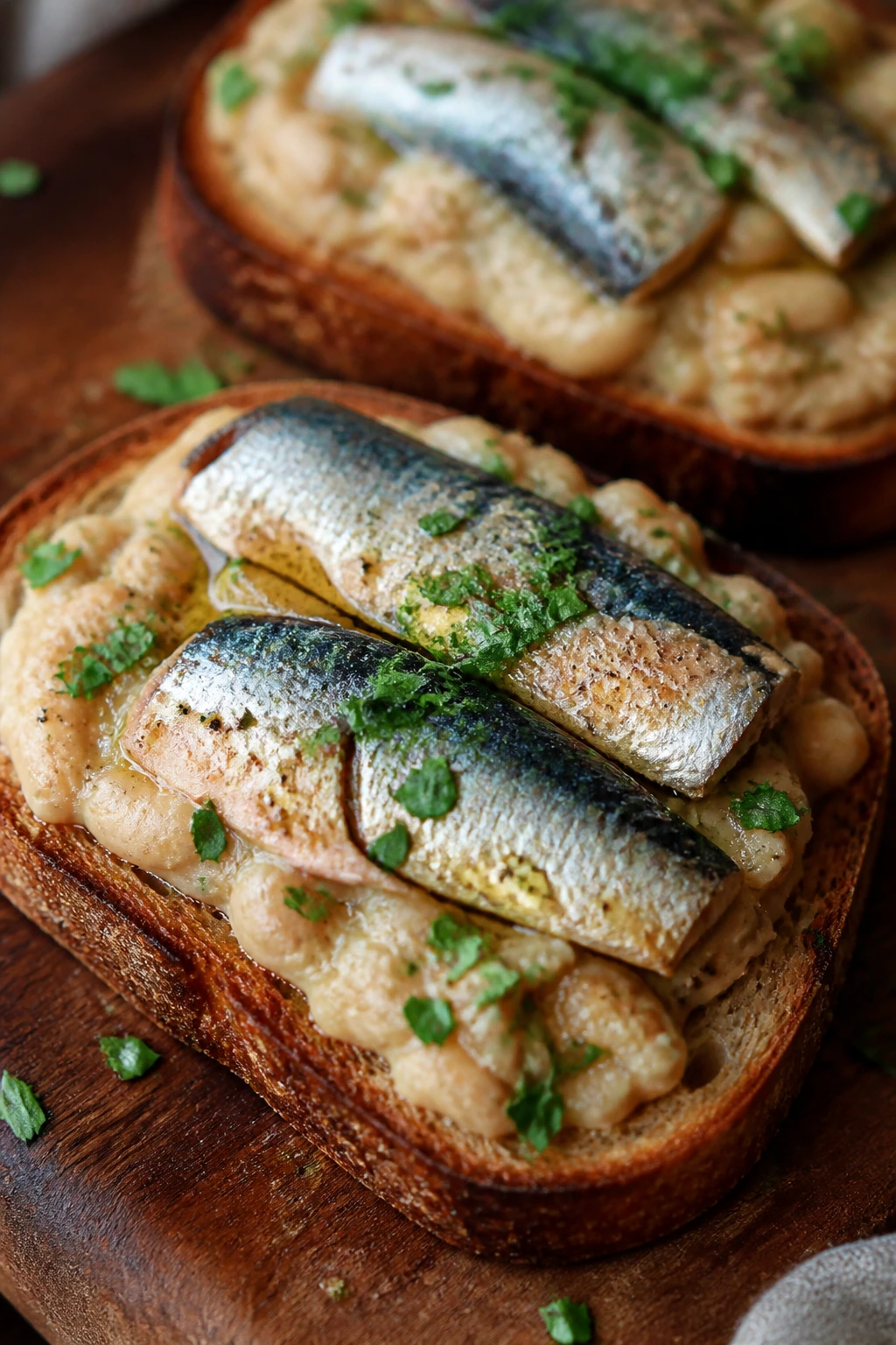 Toast topped with sardines and white bean spread