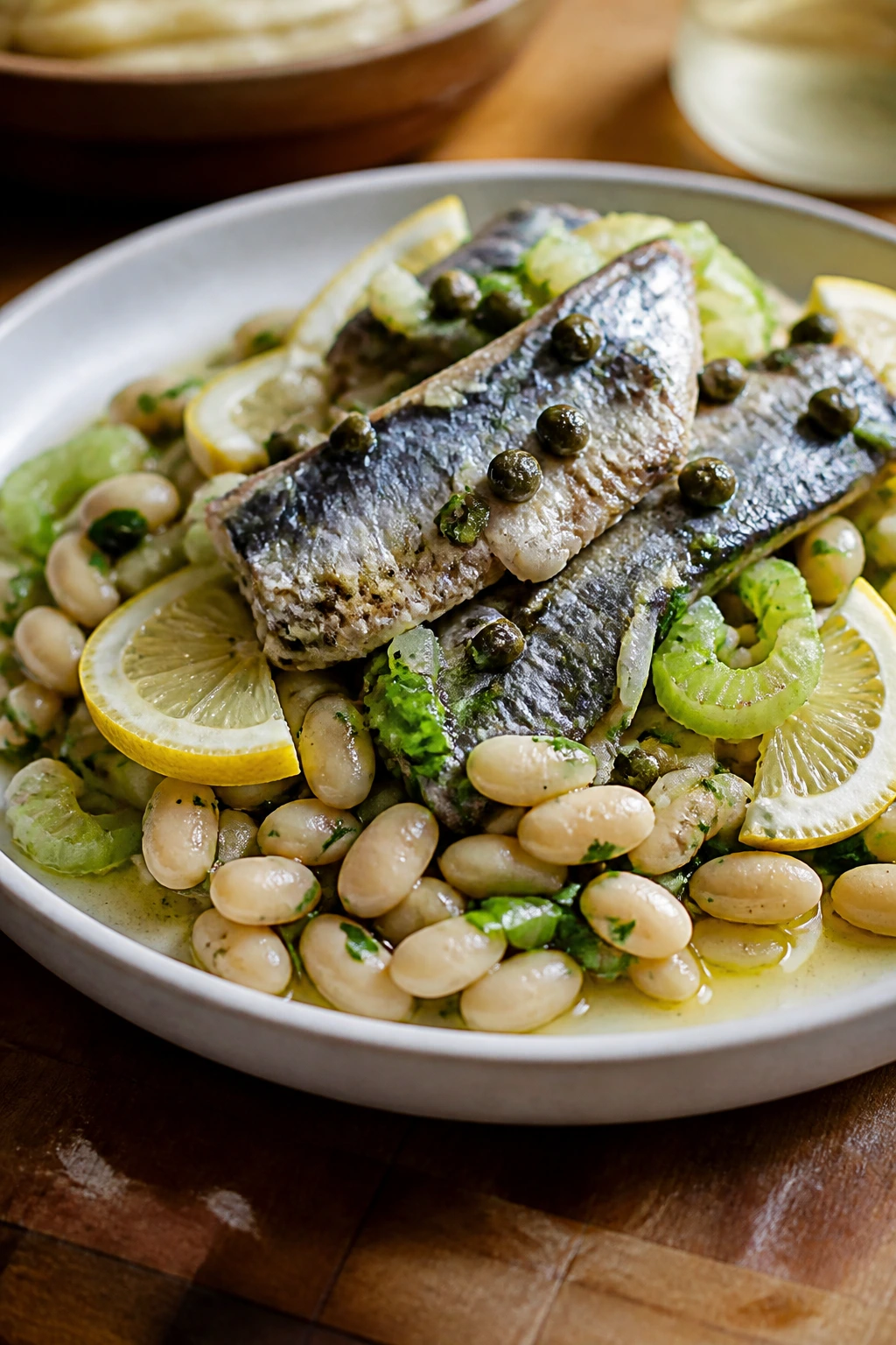 Close-up of sardines with white beans, celery, capers and lemon