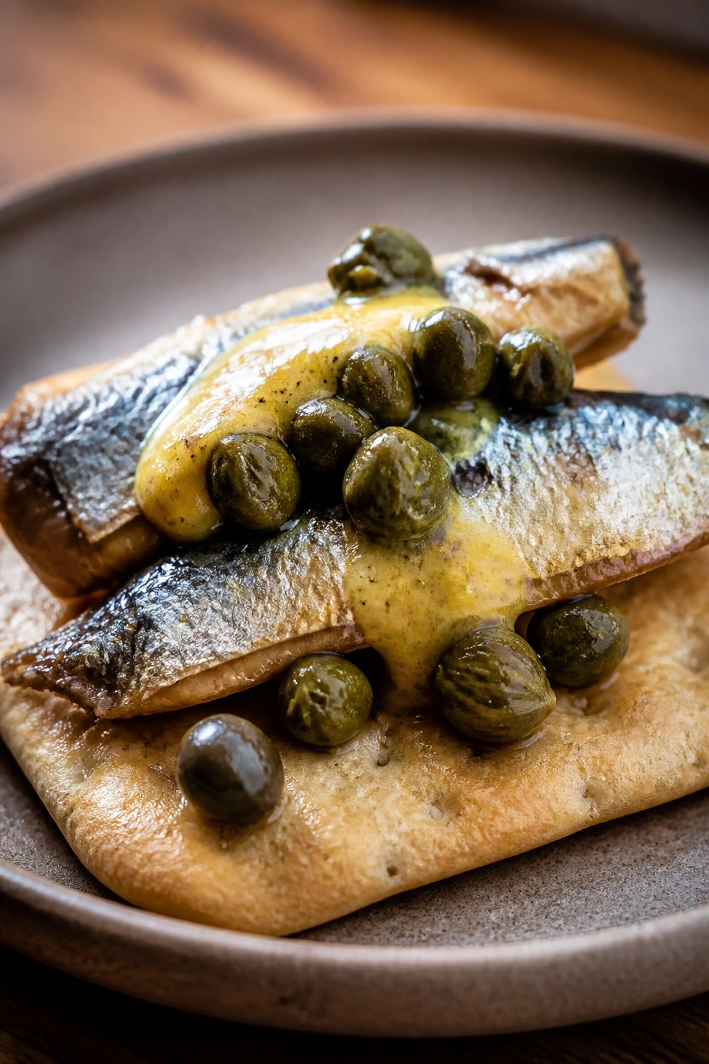 Cracker with sardine, mustard, and capers on a small plate