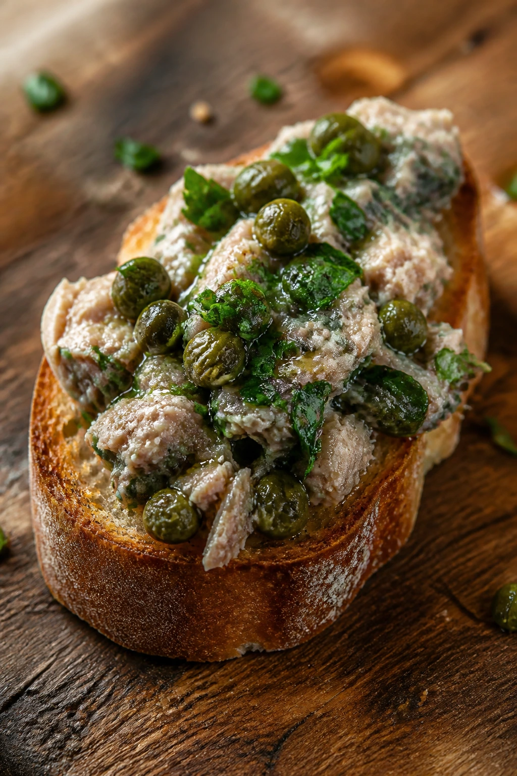 Close-up of sardine crostini with parsley and capers on a wooden board