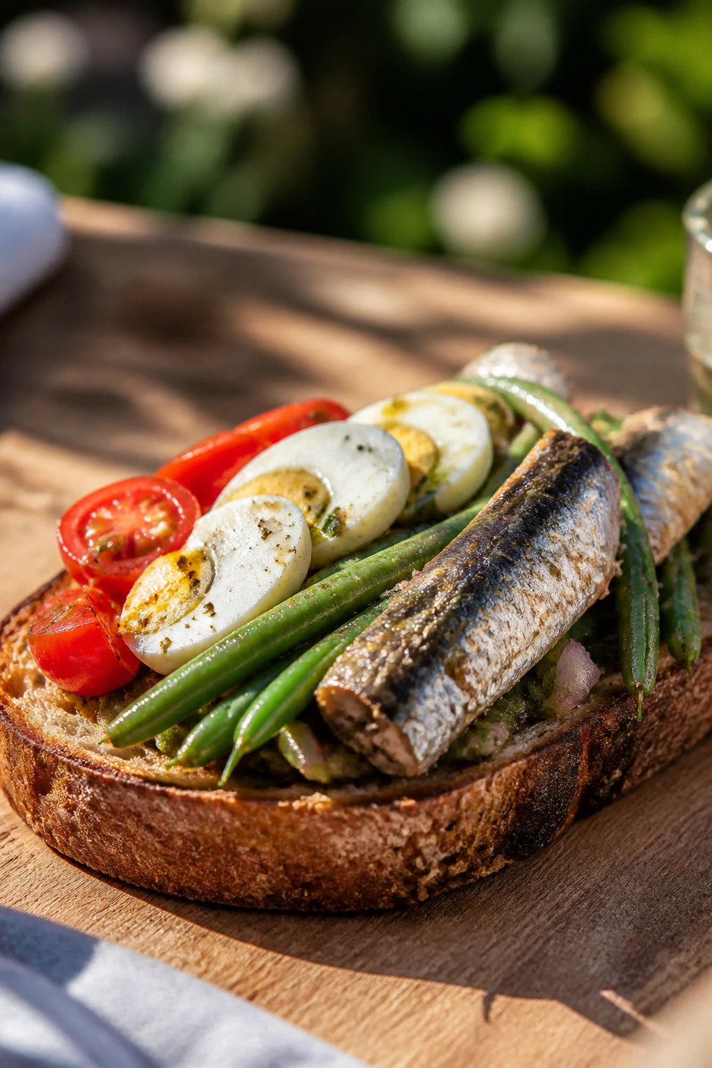 Close-up of a sardine Niçoise toast on a rustic outdoor table