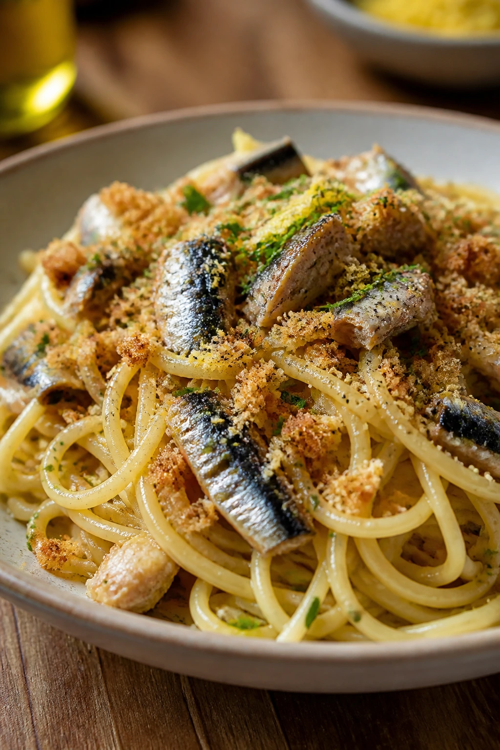 Pasta with sardines, lemon zest, and breadcrumbs on a plate