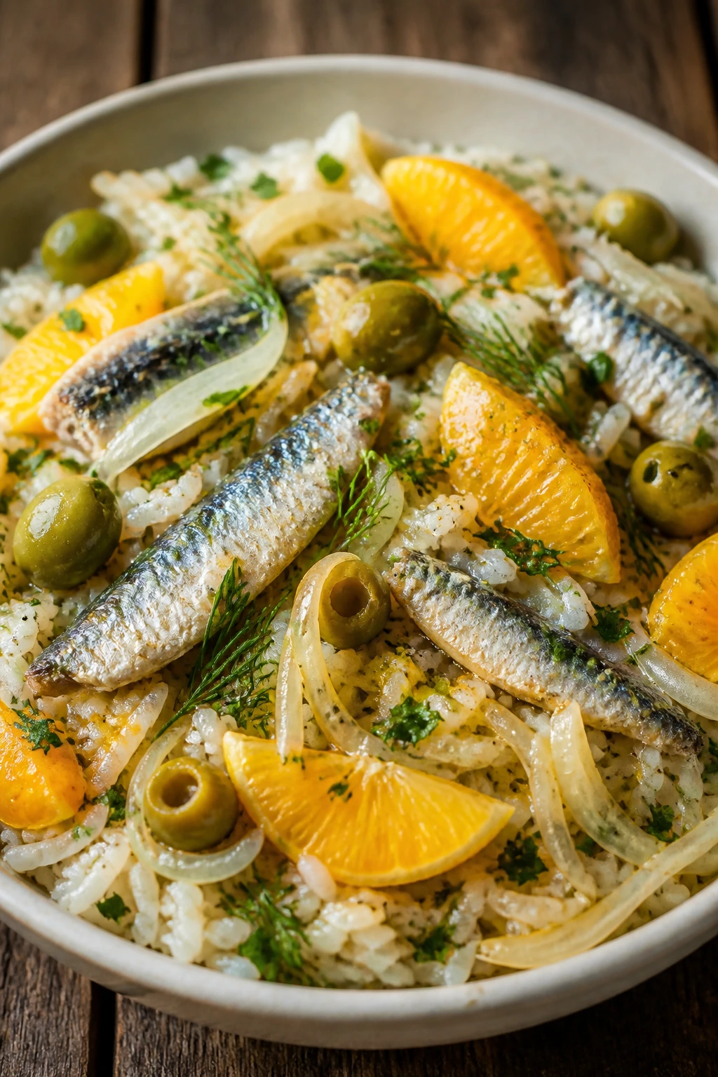 Close-up of sardine and citrus rice bowl with fennel, olives, and orange on a rustic table