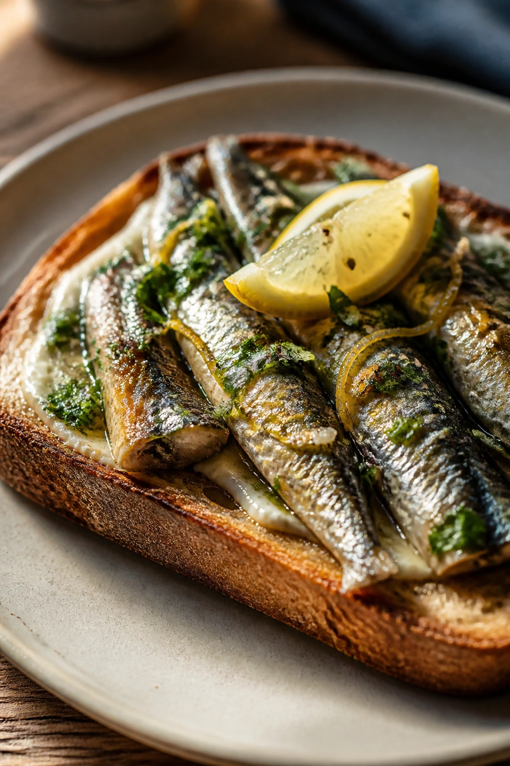 Sardine toast on plate with lemon and herbs