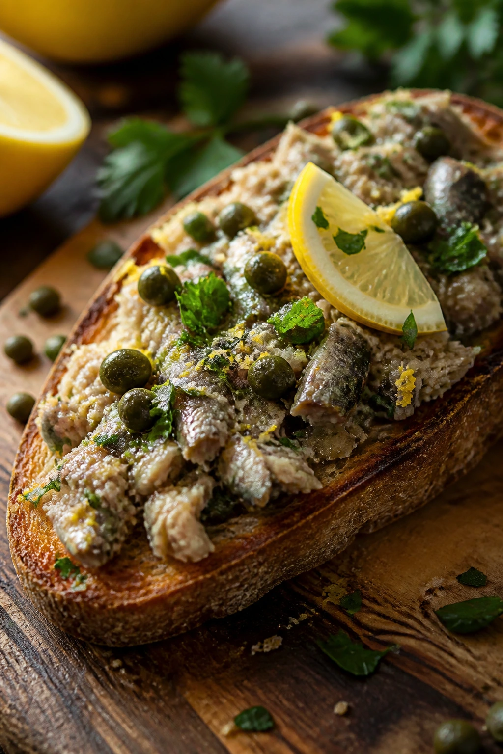 Toast topped with sardines, lemon, capers on a wooden board