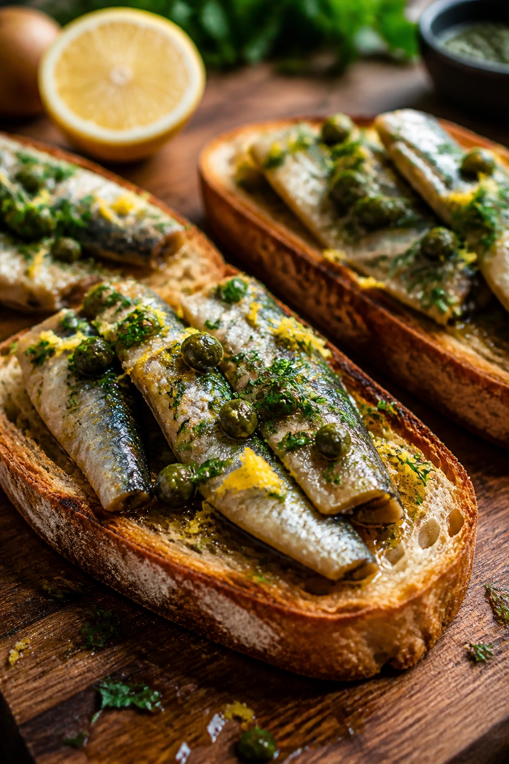 Sardine toasts with lemon and herbs on rustic bread.
