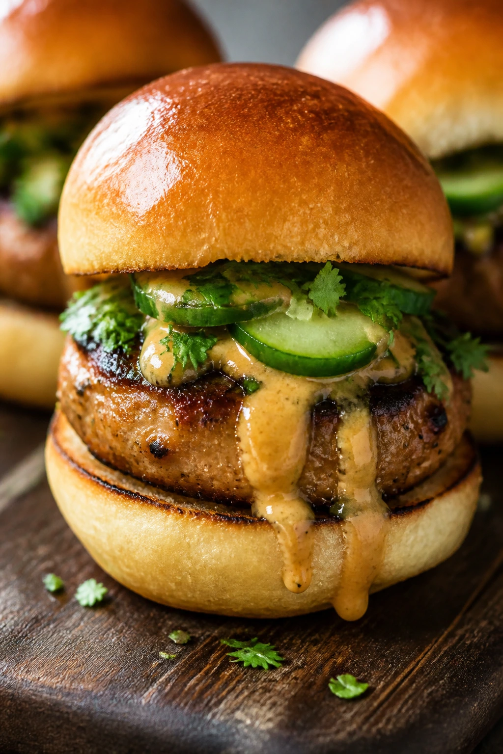 Close-up of a Chicken Satay Slider with cucumber and peanut sauce on wooden board