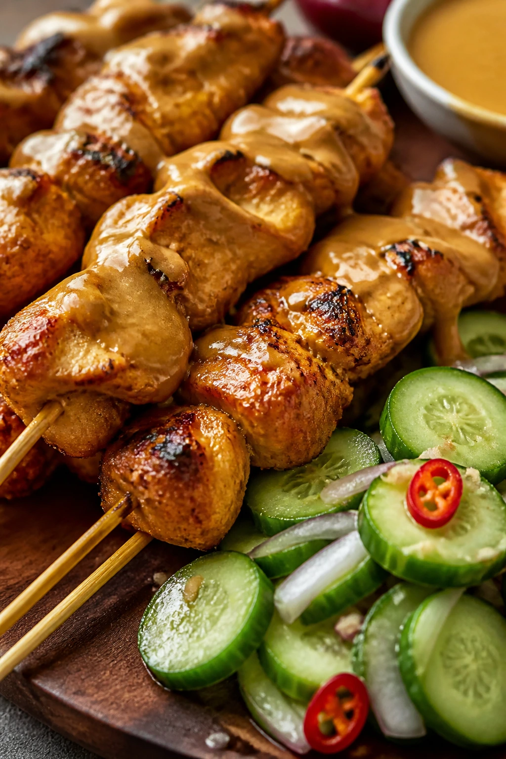 Charred chicken satay skewers with peanut sauce