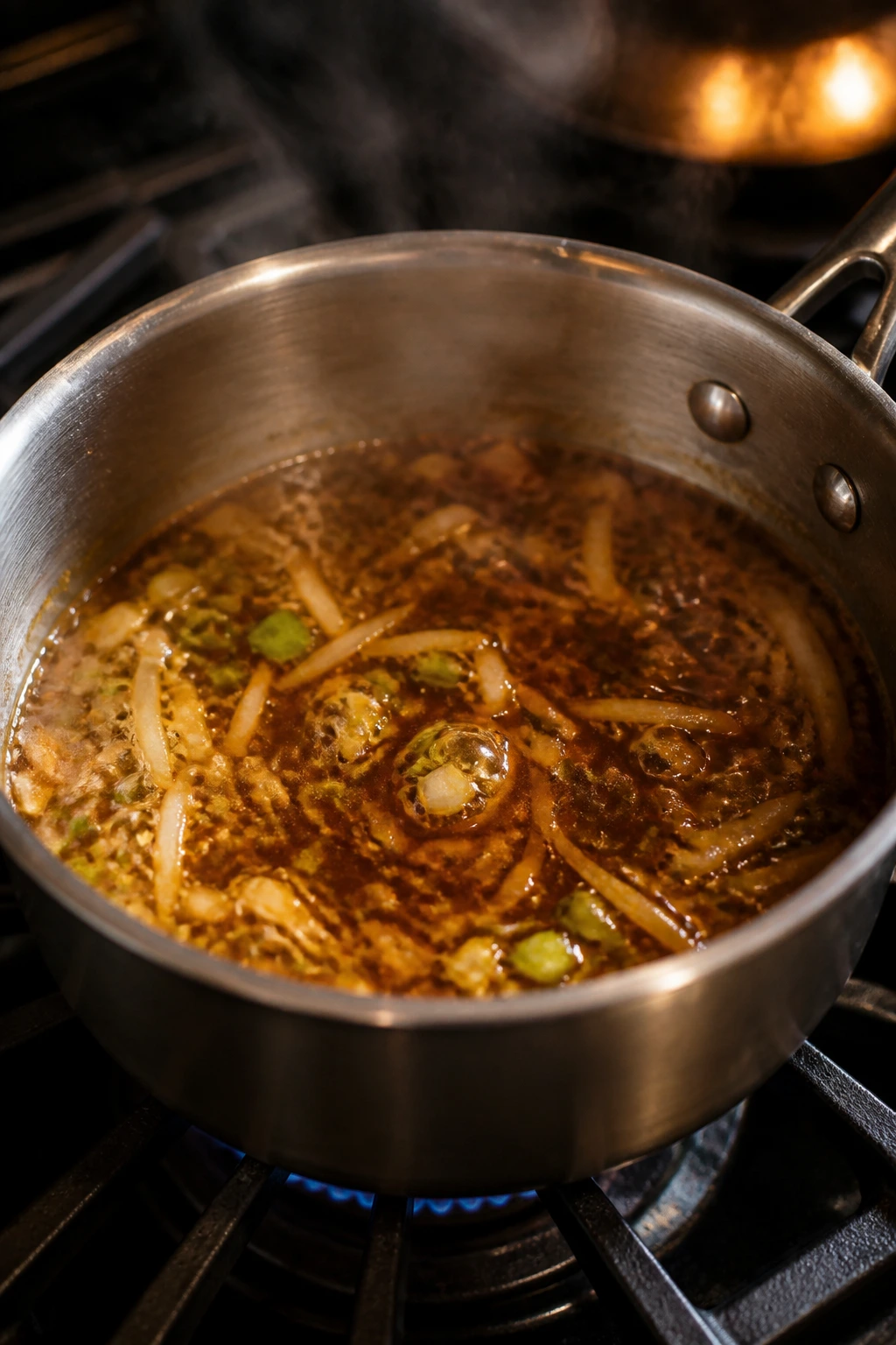 Close-up of glossy sauce simmering in a small saucepan with aromatics