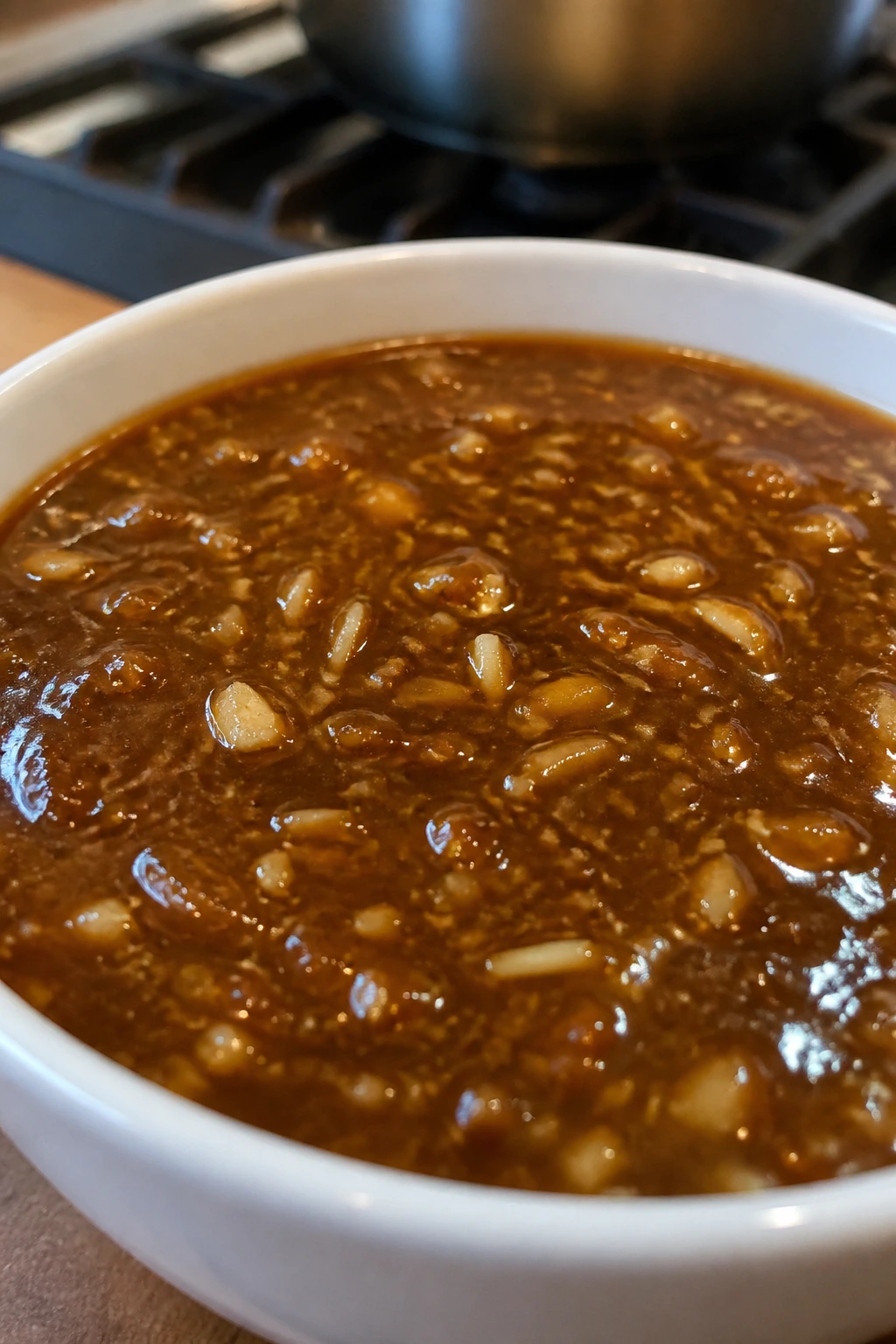 Glossy braising sauce in a white bowl with garlic and ginger flecks